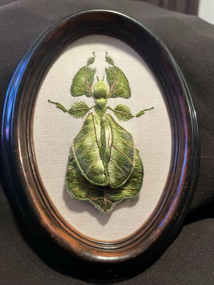 Detailed embroidery of a green leaf insect showcased in a dark wooden oval frame, highlighting incredible and beautiful embroidery skills.