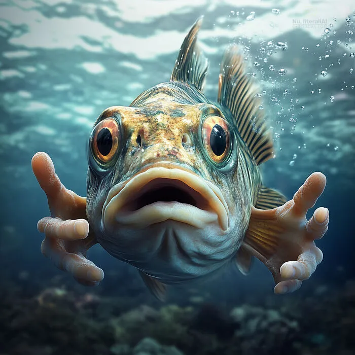 A fish with human-like hands underwater, symbolizing funny native idioms through creative AI interpretation.