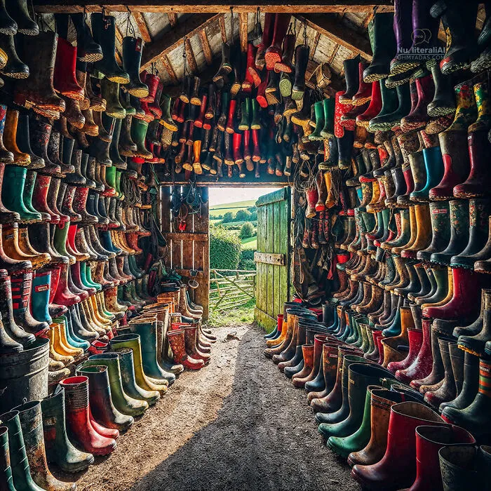 Rows of colorful boots hanging in a barn, humorous idiom representation.