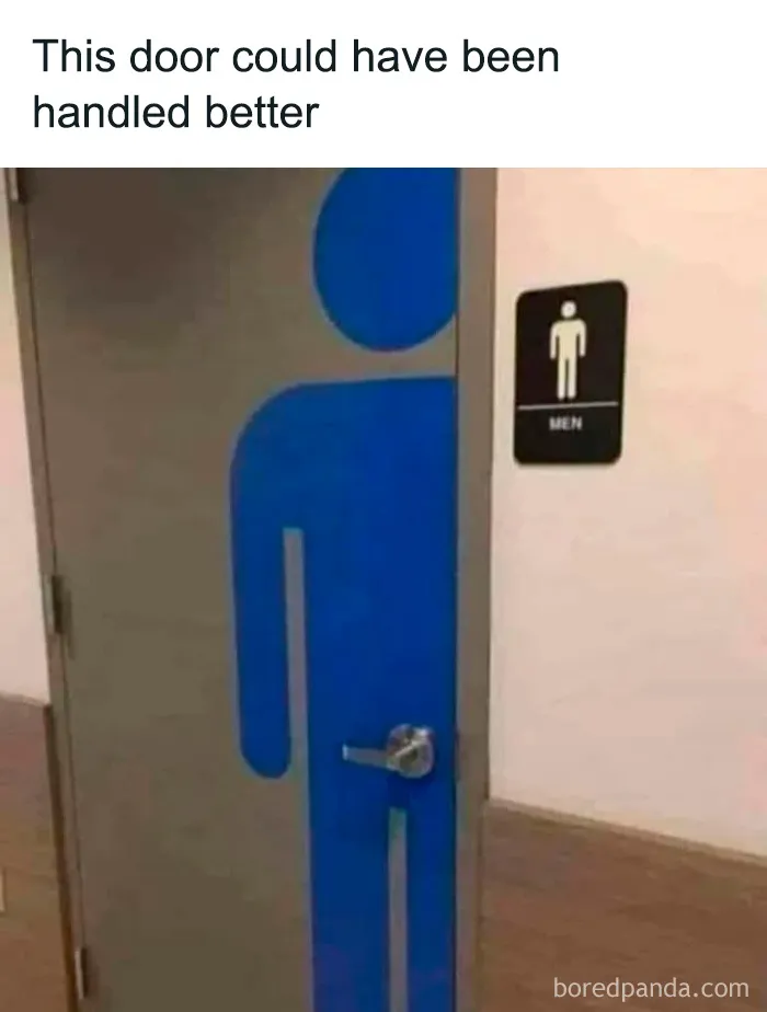 Men's restroom door humor; door handle awkwardly placed on person graphic.