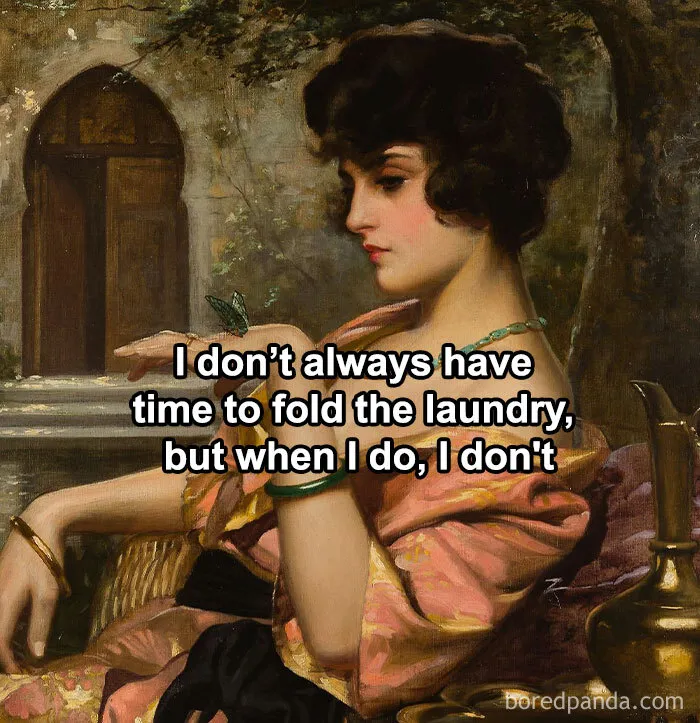 Classical art meme depicting a woman with humorous text about not folding laundry.