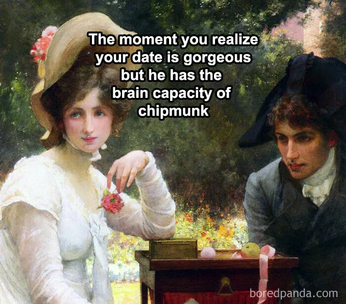 Classical art meme with a woman realizing her date is charming but lacks intelligence.