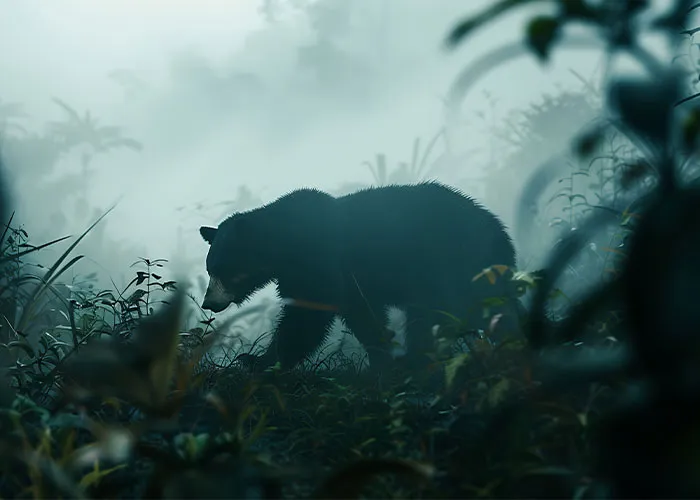 A bear in a foggy forest setting, representing one of the scariest hikes with minimal visibility.