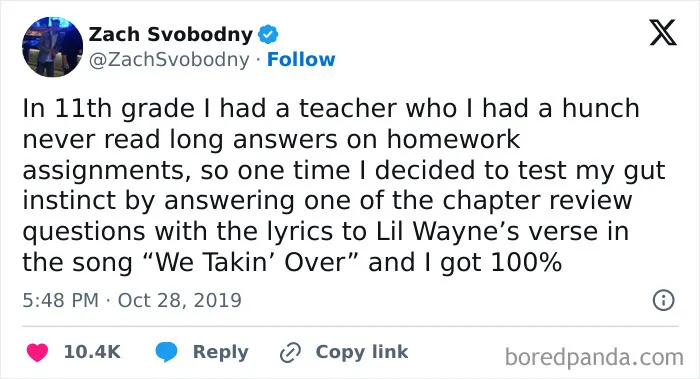 Tweet about a cynical homework experiment highlighting infuriating teachers and grading practices, referencing Lil Wayne lyrics.