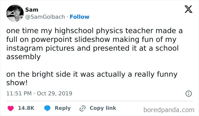 Tweet text describing a bad experience with infuriating teachers, where a teacher made a funny slideshow of a student's Instagram photos.