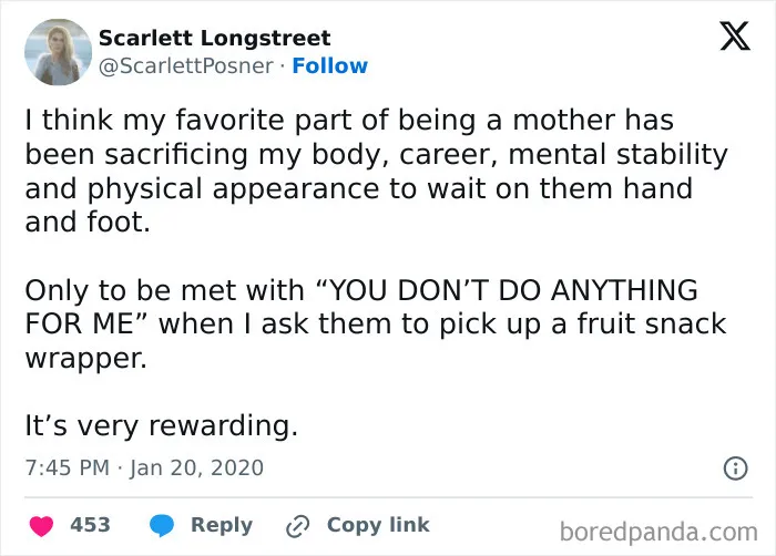 Tweet text about motherhood sacrifices and humorous frustrations related to being a parent.