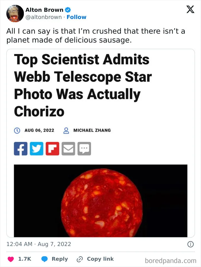 Tweet about a hilarious news headline showing chorizo mistaken for a star photo from Webb Telescope.