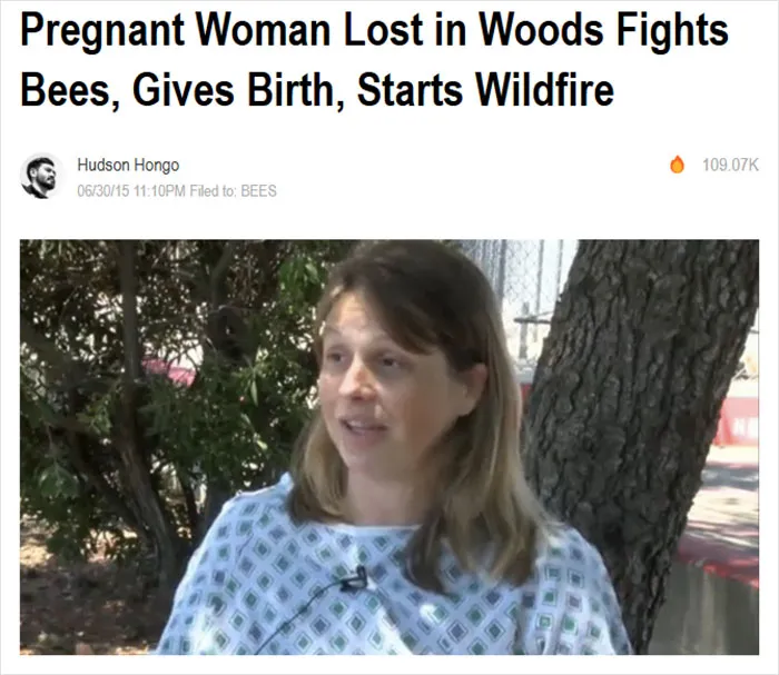 Woman in hospital gown interviewed outdoors, related to hilarious news headlines.