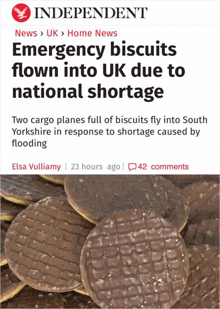 Hilarious news headlines about emergency biscuits flown into the UK during a shortage, featuring chocolate-covered biscuits.