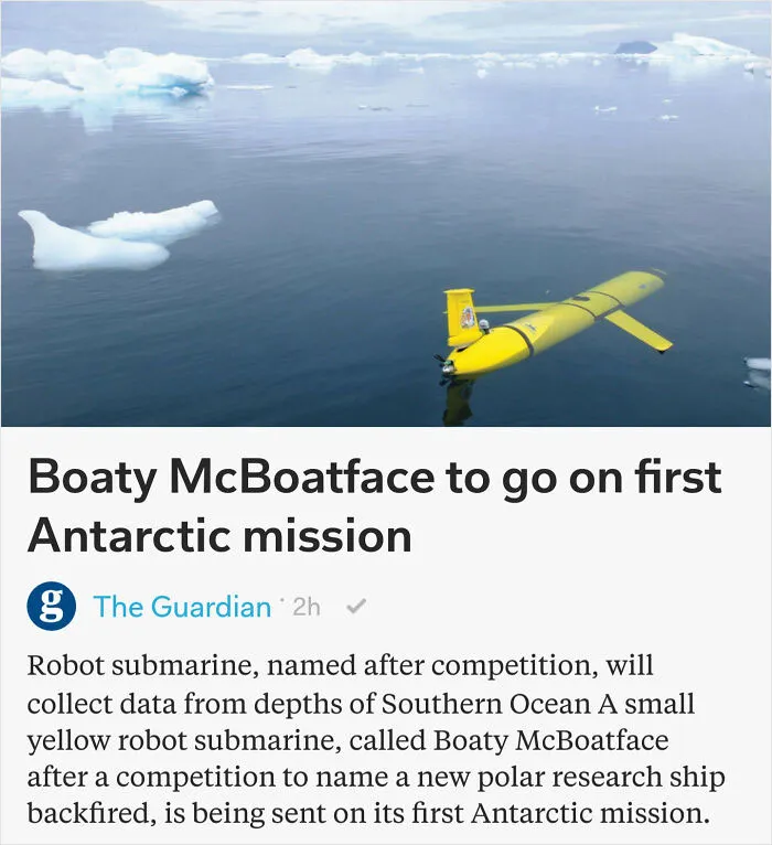 Yellow submarine in icy waters under a funny headline about Boaty McBoatface, highlighting hilarious news headlines.