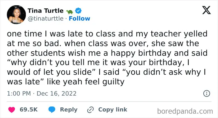 Tweet about teachers scolding a student on their birthday, highlighting infuriating teacher behavior.