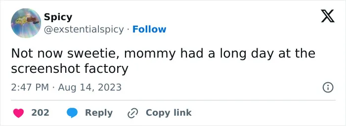 Tweet by Spicy reads: "Not now sweetie, mommy had a long day at the screenshot factory." Related to Puncrastination memes.