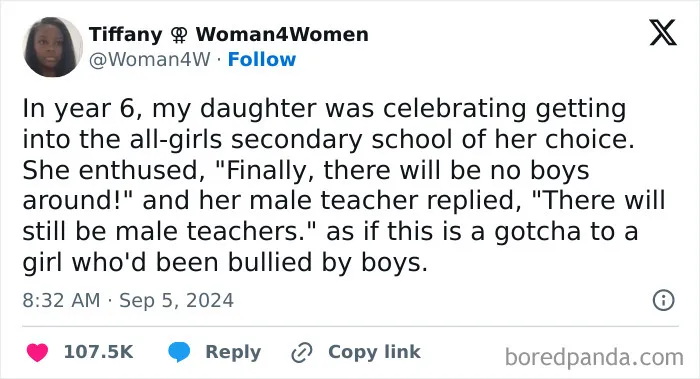 Tweet describing a bad teacher's response to a girl happy about attending an all-girls school.