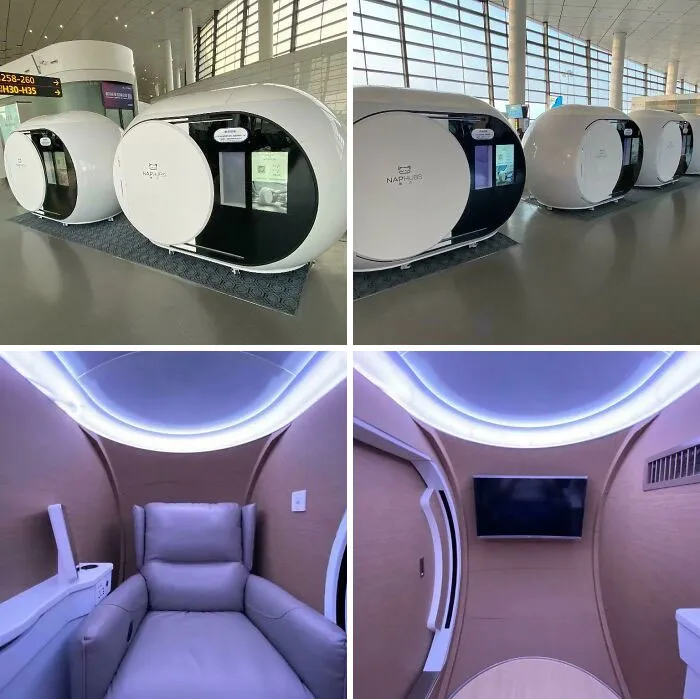 Cápsulas para dormir que se encuentran en el aeropuerto de Zhengzhou, China