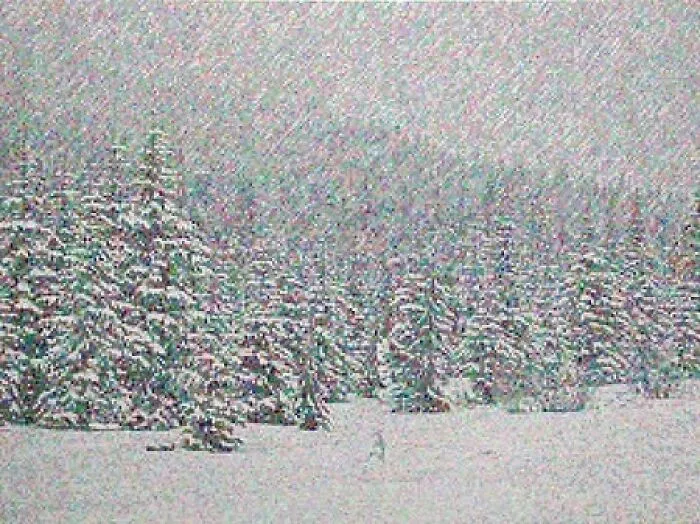Dan Hays pinta paisajes en baja resolución píxel a píxel. Esta pintura se llama «Colorado Snow Effect 4» (2007)
