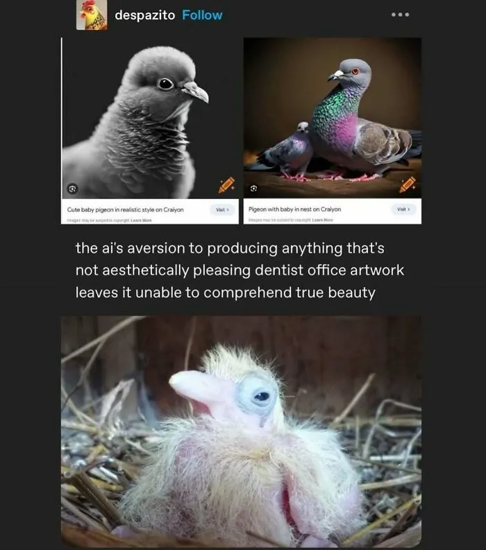AI-generated pigeons compared to real baby pigeon with humorous caption about dentist office artwork aversion.