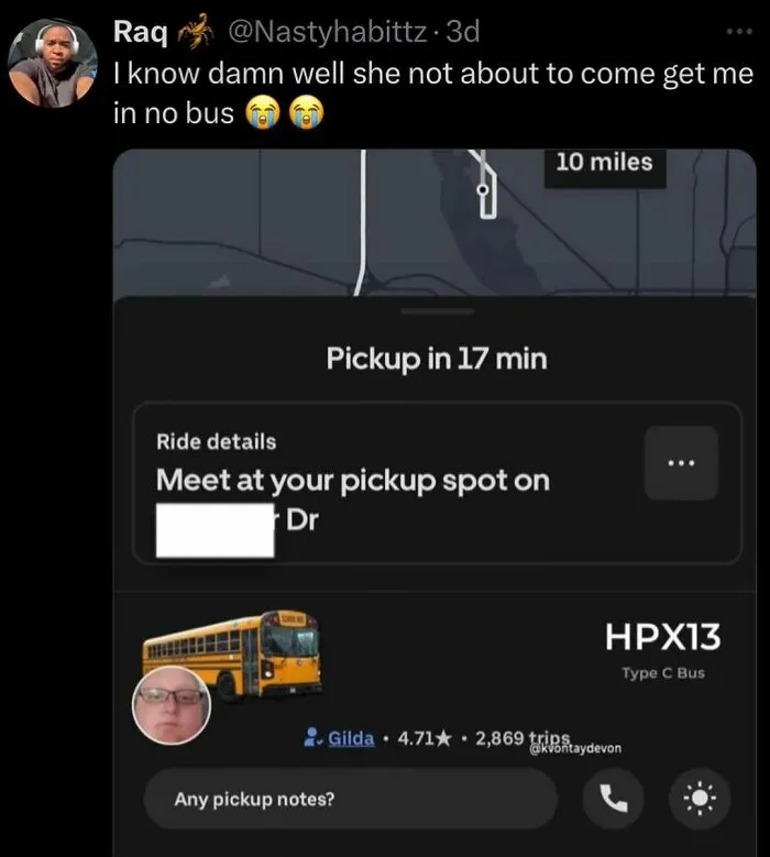 Funny puncrastination meme with a person reacting to a school bus being used for a ride pickup in a map app.