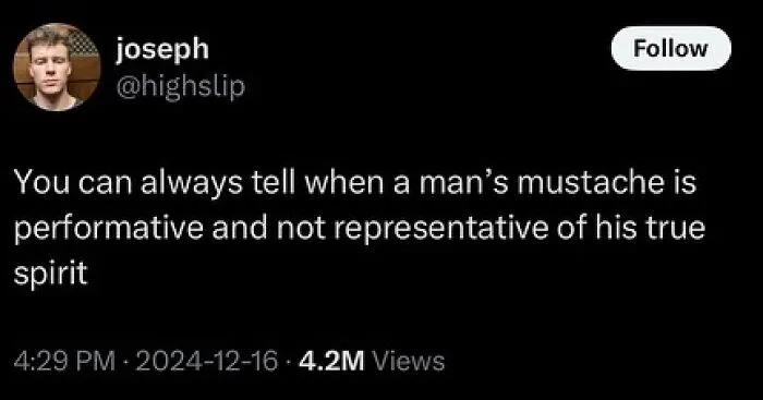 Funny Puncrastination meme about performative mustaches with over 4.2M views on social media.