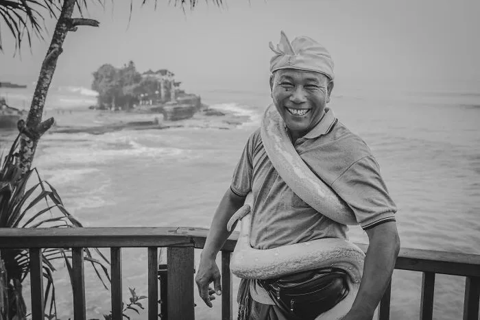 There Is Nothing More Heartwarming Than A Balinese Smile. Not Even A Snake Wrapped Around His Torso Could Make That Smile Disappear