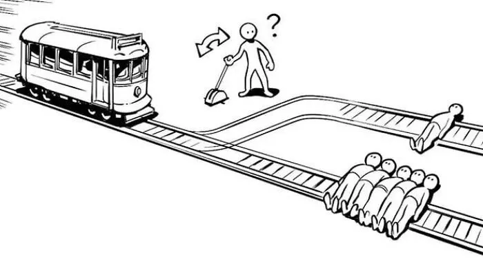 A trolley is going along its track, but you see that if it continues in that direction it's going to hit 5 people! When you look at the other track, you see only one person. You could pull the lever and save 5 people. Or, you may do nothing and save 1 person.