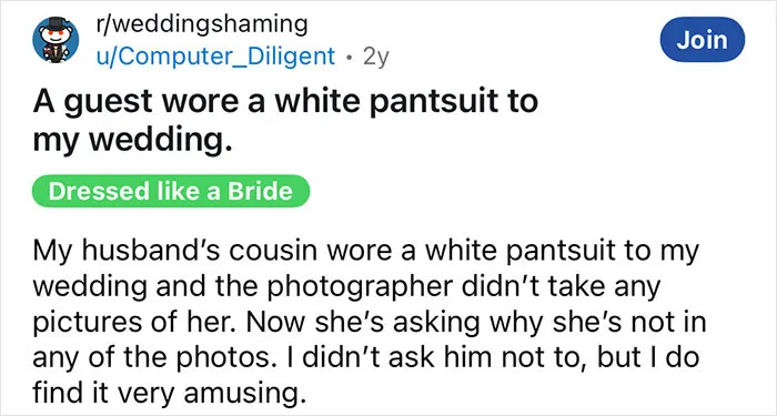 A Guest Wore A White Pantsuit To My Wedding