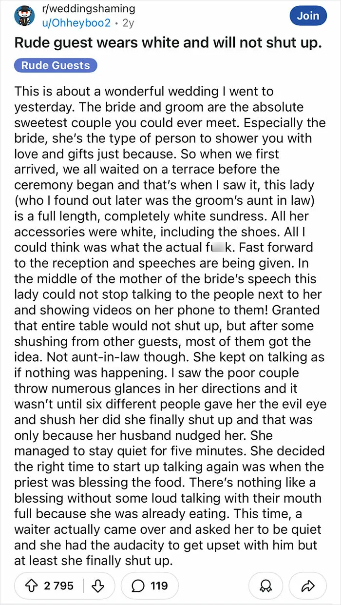 Rude Guest Wears White And Will Not Shut Up