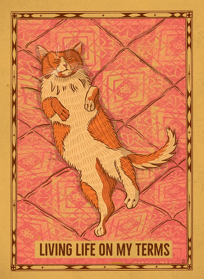 40 Hilariously Relatable Illustrations Of Cats Drawn In A Vintage Poster Style By Jesse Jarldane