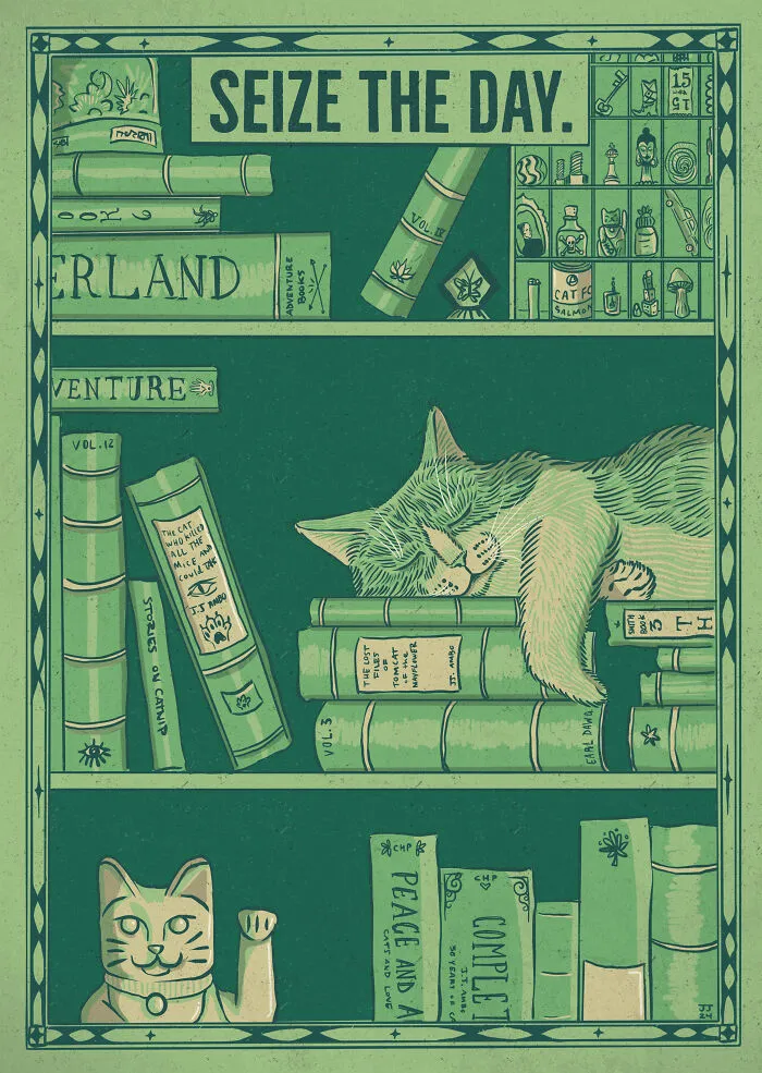 40 Hilariously Relatable Illustrations Of Cats Drawn In A Vintage Poster Style By Jesse Jarldane