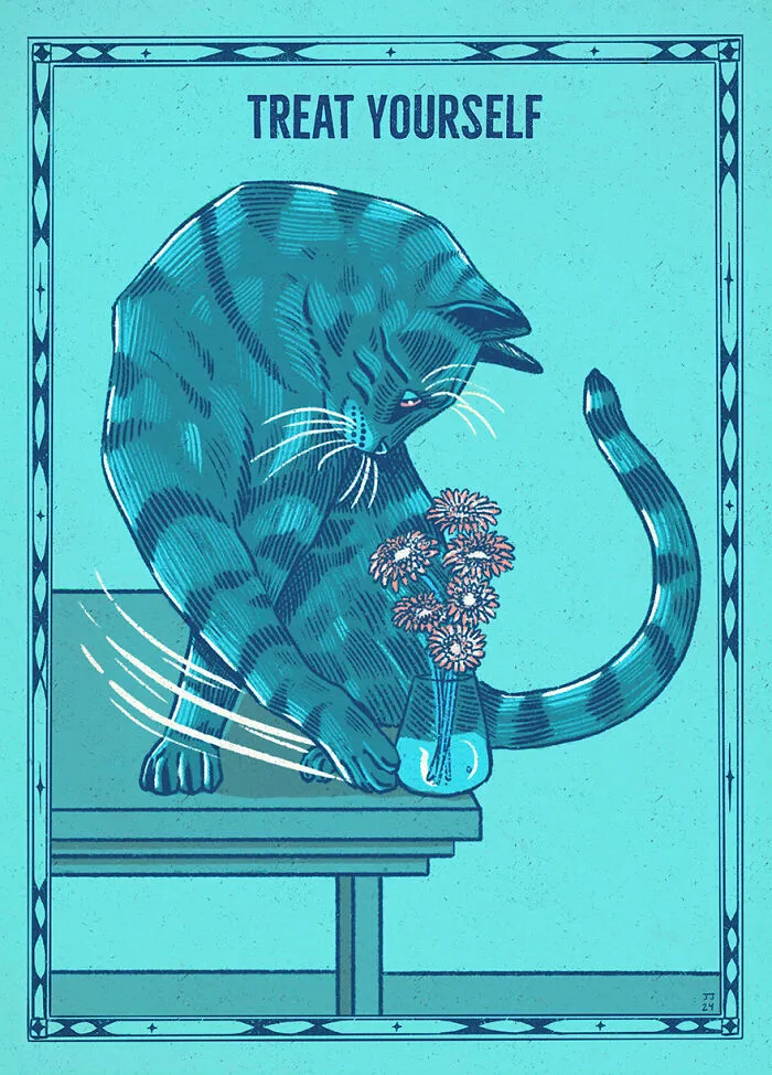 40 Hilariously Relatable Illustrations Of Cats Drawn In A Vintage Poster Style By Jesse Jarldane