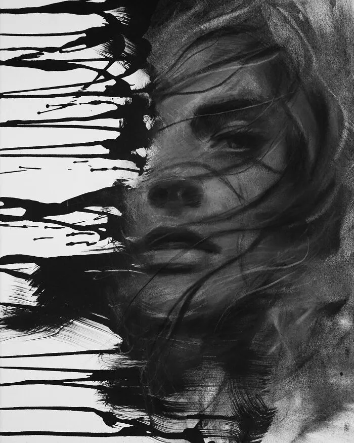 Charcoal portrait of a woman's face with dynamic brush strokes by artist Josh Hernandez.