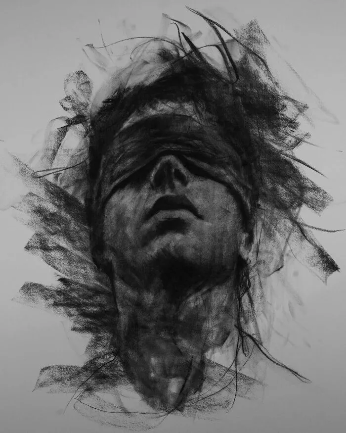 Charcoal portrait by Josh Hernandez, featuring a blindfolded figure with textured strokes and a dynamic composition.