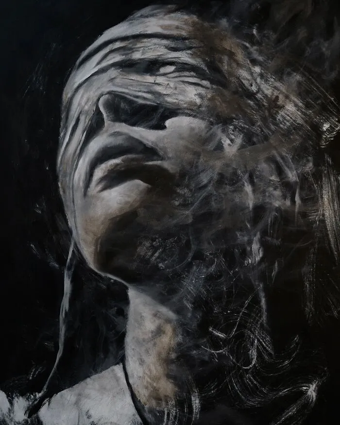 Charcoal portrait of a person with closed eyes, showcasing Josh Hernandez's striking artistic style.
