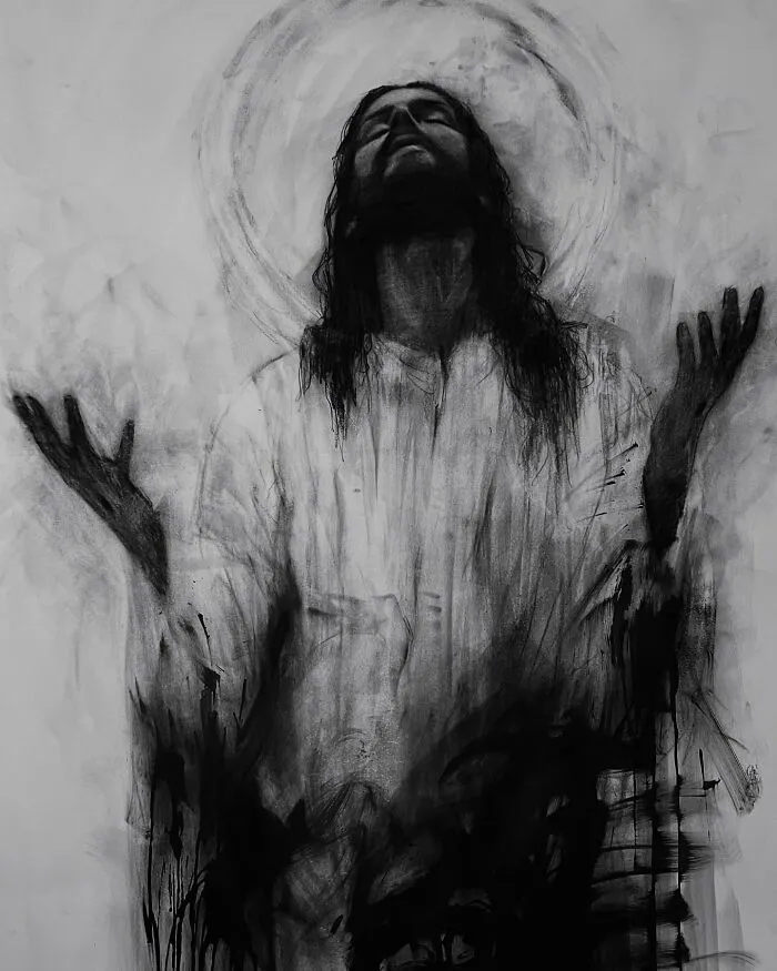 Charcoal portrait of a person with upraised arms, created by the artist Josh Hernandez.