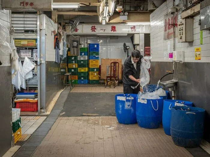 Indoor city scene with a man working beside blue buckets; urban life captured by Marcel Heijnen.