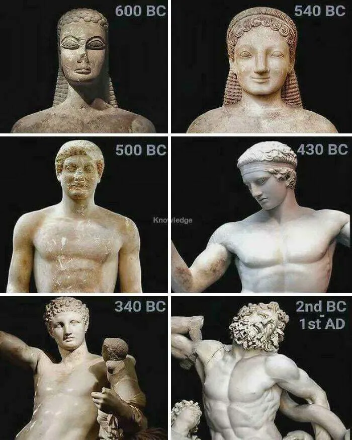 It Is Quite Astounding To See The 600-Year Progression From Ancient Greek Sculptures! Ancient Sculptures Showing Evolution Of Greek Art From 600 Bc To 1st Ad, Not Typically Seen In History Textbooks