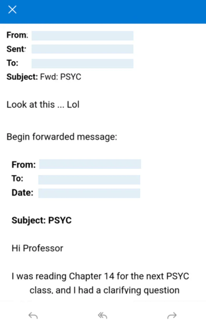 Email screenshot showing a student asking a clarifying question to potentially infuriating teachers in a psychology class.