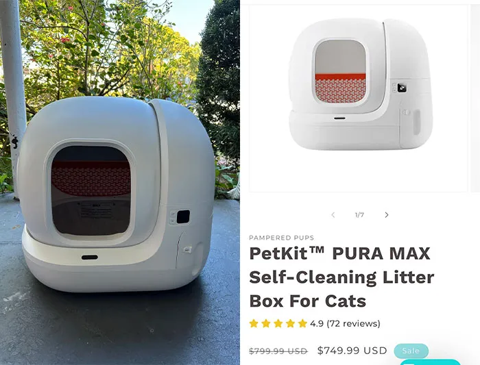 Self-cleaning litter box found during dumpster diving, priced at $550, shown outdoors and in product listing.