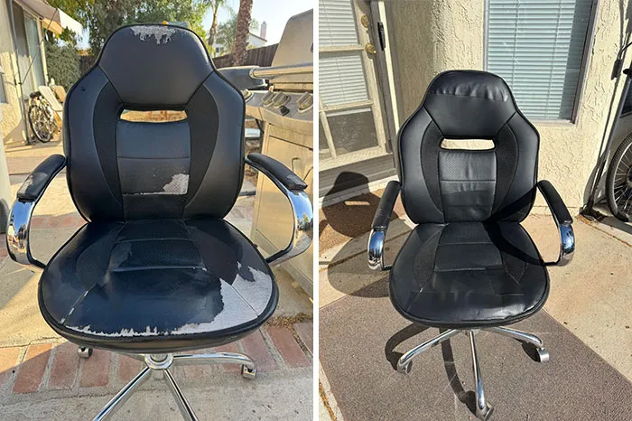 Refurbished office chair discovered while dumpster diving, before and after restoration.