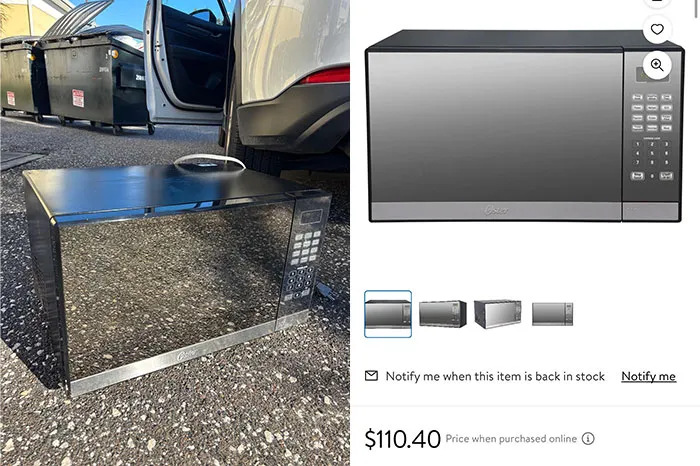 Dumpster diving find: a microwave next to a car, with a screenshot showing its $110.40 price online.