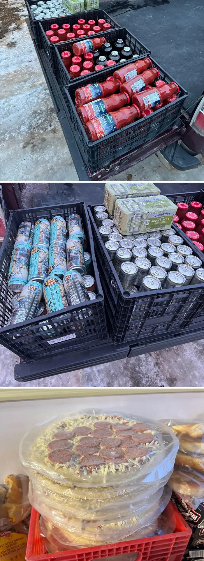 Crates of canned drinks, jars, and packaged pizzas found while dumpster diving.