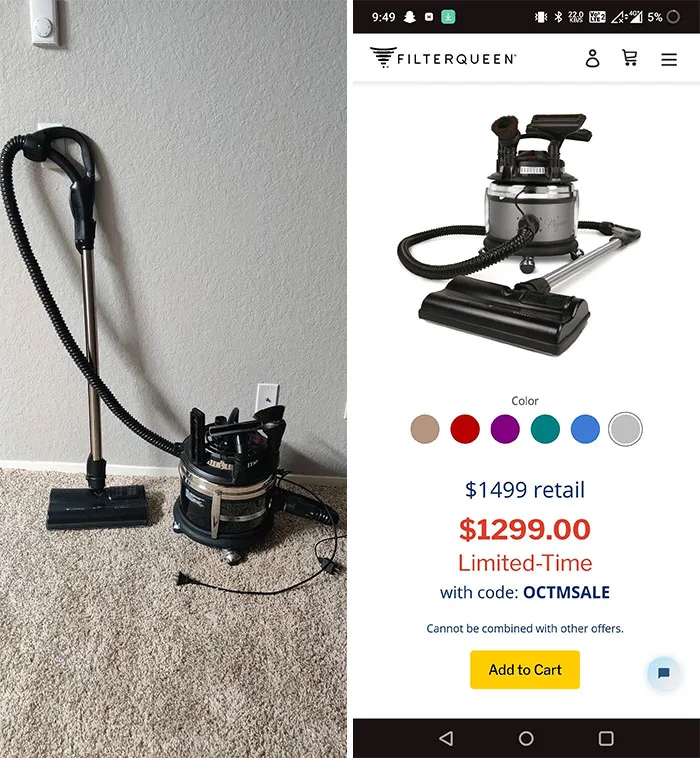 Vacuum cleaner found during dumpster diving beside its online listing with a discounted price.