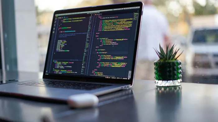 Laptop displaying code on a desk next to a small plant, representing funny email sign-offs to replace common phrases.