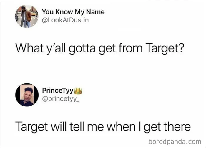 Meme humor for women: Twitter exchange about going to Target without a shopping list.