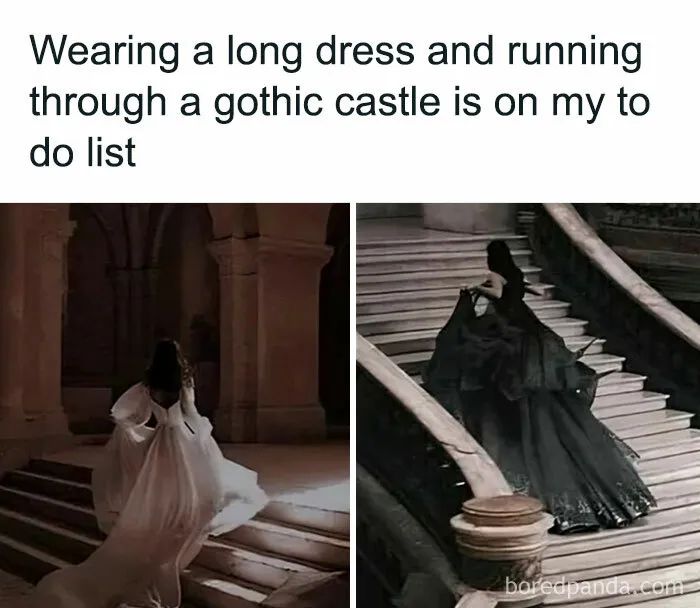 Humor meme for women featuring a woman in a gothic castle wearing a long dress, with text about a to-do list.