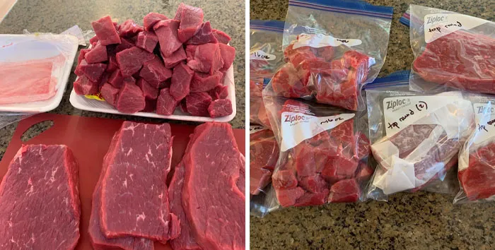 I Finally Understand Why People Buy Large Cuts Of Meat When It Goes On Sale. Quit Job For School, Trying To Be More Frugal, And We Got 2 Large Top Roasts For Buy-One-Get-One-Free And Processed It/Cut It Up At Home Ourselves. Now We Have Meals For Days
