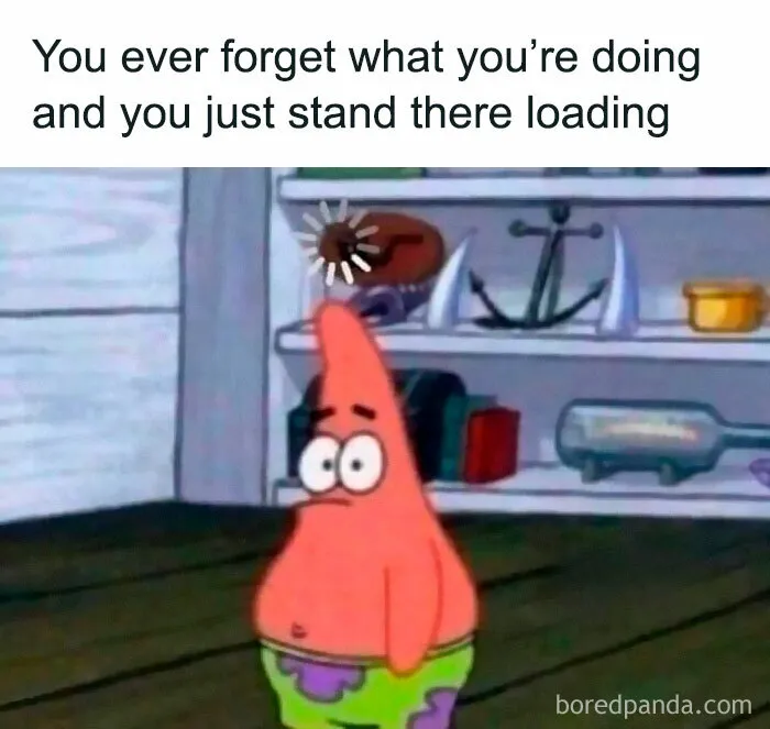 Patrick the starfish standing confused in a room with a loading symbol above his head, humorously depicting mental health.
