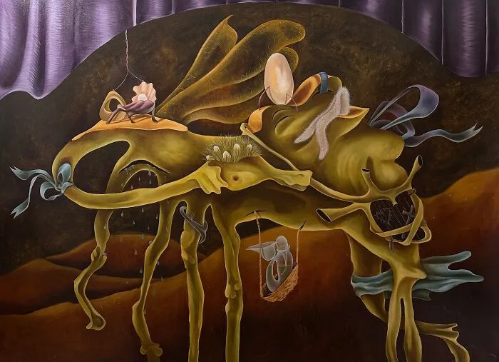 Surreal artwork by Rita Maikova Zaporozhets, blending imaginative elements with realistic forms on a dark abstract background.
