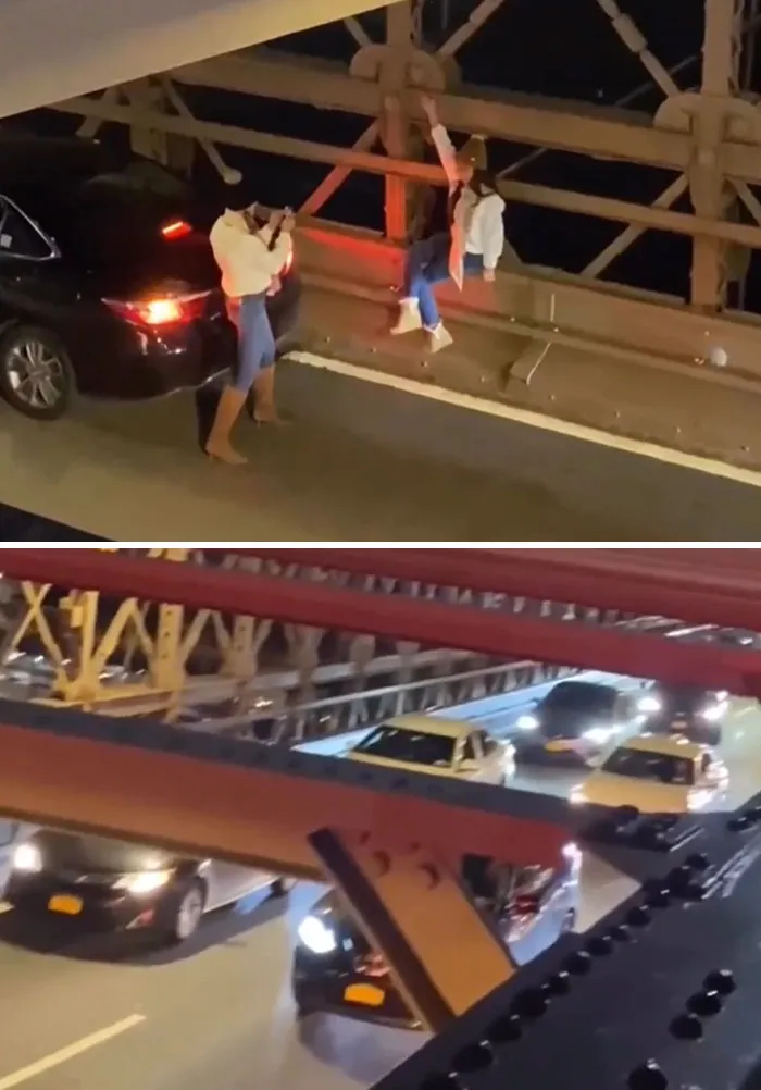 Influencers bloqueando el tráfico en el puente de Brooklyn para hacerse fotos