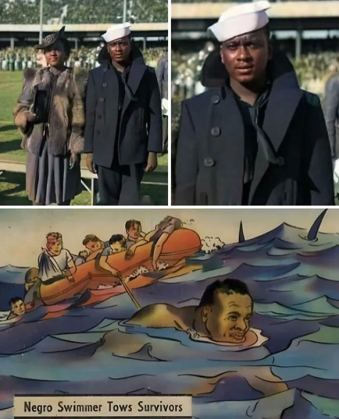 On Sept 5th 1942, United States Navy Messman Charles Jackson French Successfully Swam Through The Night For 6-8 Hours Pulling A Raft Of 15 Wounded Soldiers With A Rope Around His Waist In Shark Infested Waters