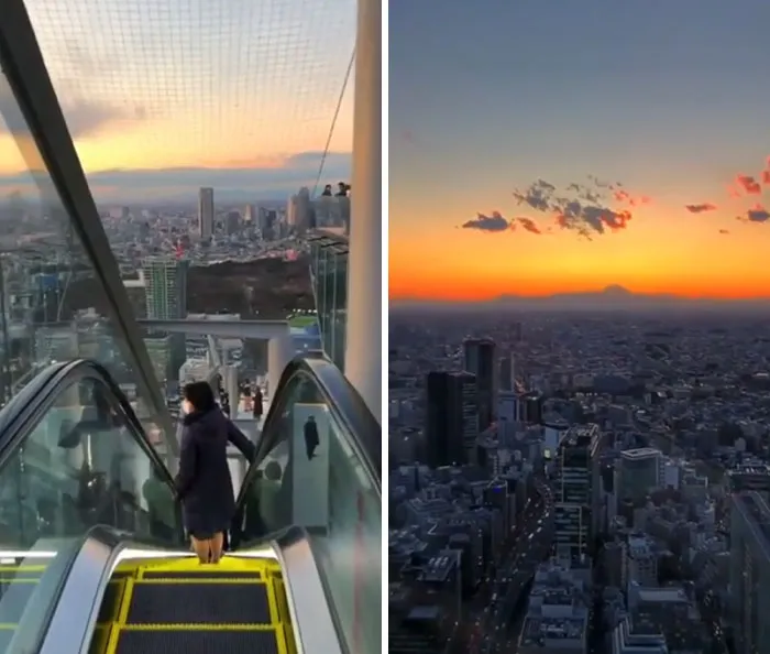 Escalator view over cityscape at sunset, capturing Interesting-Japan-Pics atmosphere with vibrant skies and urban skyline.